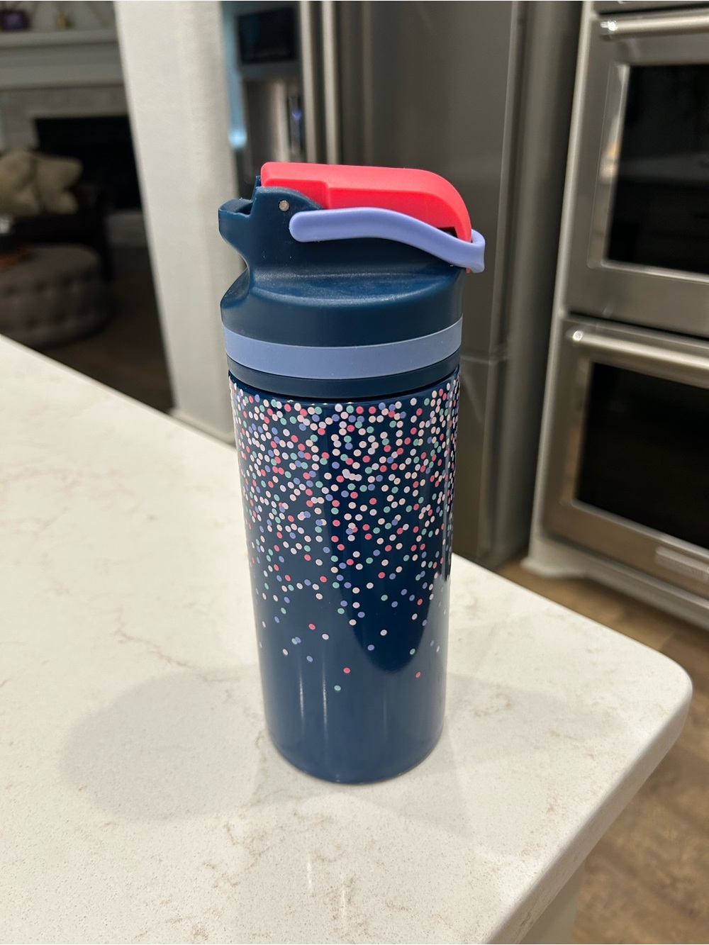 Navy Polka Dot Stainless Water Bottle with Pink Accent